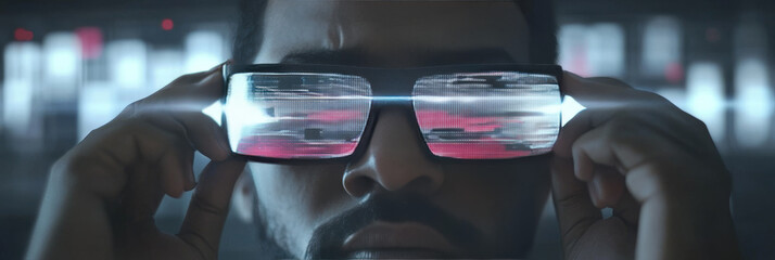 A man adjusts futuristic glasses in a dark setting.