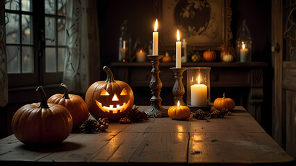 Obraz premium old, rustic wooden table surrounded by Halloween decorations