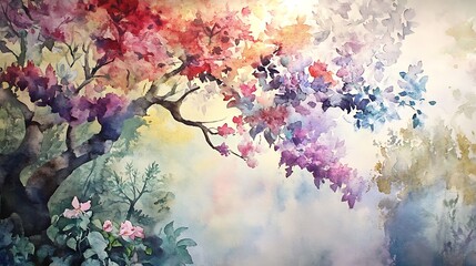 Watercolor Painting of a Tree with Purple and Pink Flowers