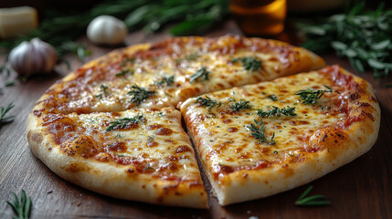 A freshly baked pizza with a crispy crust and gooey cheese, topped with fresh herbs.