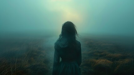 Fototapeta premium Woman Walking into the Fog: A Journey of Mystery and Hope