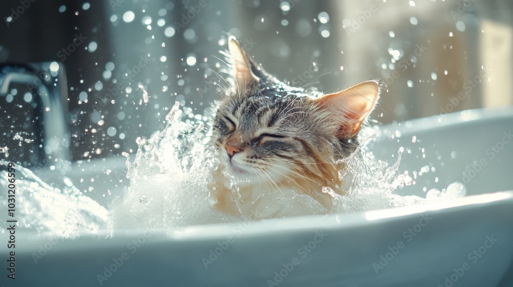 Poster playful cat enjoys a splashing water experience