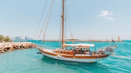 Obraz premium A Wooden Sailboat Moored in a Harbor with a City Skyline in the Background