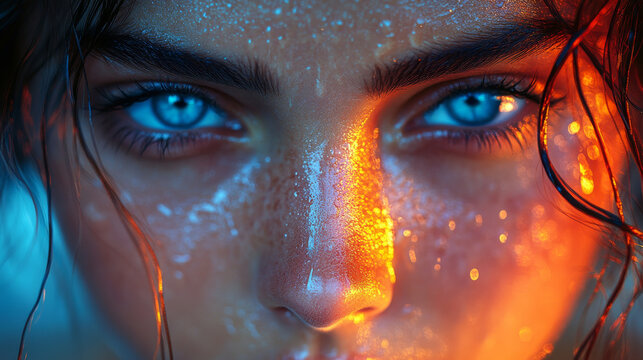 Close-up of a woman's face with blue eyes and glowing skin.