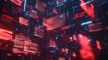 Obraz premium Floating digital documents in a futuristic data network, representing cloud storage, data processing, and cybersecurity.