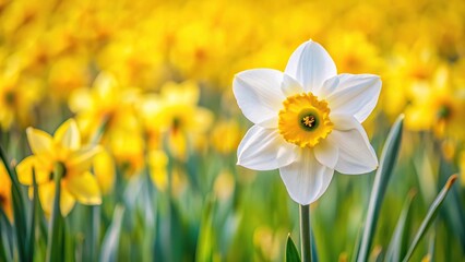 Isolated white daffodil in field of yellow daffodils in macro close-up