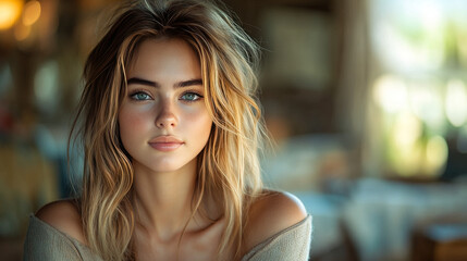 Obraz premium Young woman with long blonde hair looking at the camera.