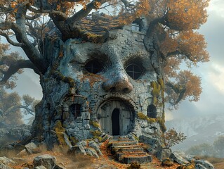Obraz premium Enchanted Stone House in a Misty Forest - Fantasy Landscape