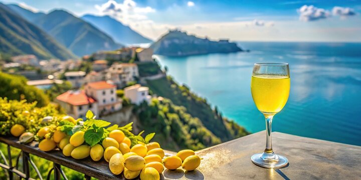 Italian limoncello on terrace overlooking Amalfi Coast