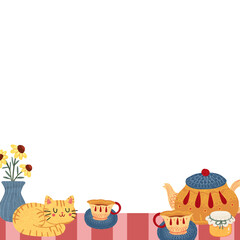 spring tea time, hand-drawn digital painting frame design