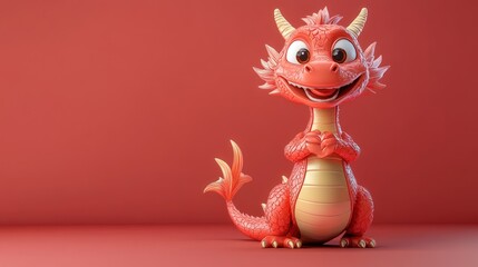 Cute cartoon red dragon with happy expression.