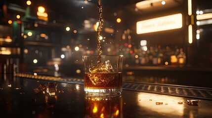 Whiskey Pouring into a Glass with Ice Cubes