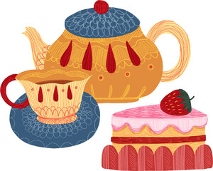 yellow teapot, teacup, strawberry cake, hand-drawn digital painting illustration
