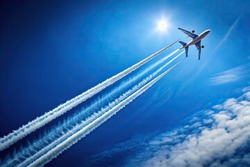 Jet plane flying in sky leaving trace viewed from below
