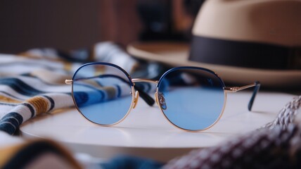 Reflective blue sunglasses surrounded by hats and scarves, bohemian atmosphere
