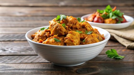 Kerala chicken curry in a white bowl on a table