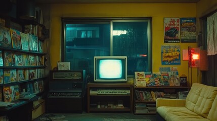 Retro living room with a vintage television, a bookshelf, and a couch.