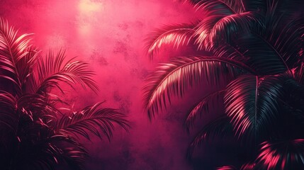 Palm leaves silhouetted against a vibrant pink background, creating a tropical and surreal aesthetic.