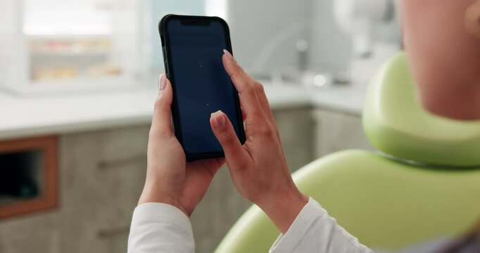 Hands, girl and phone screen for health insurance at house, website information and subscription success. Woman, click and mobile sign up for future security, application site and wellness guarantee