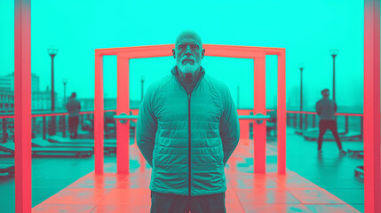 Fototapeta premium A senior man stands with his hands behind his back in front of an outdoor gym.