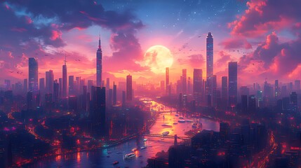 A vibrant cityscape with a full moon in the sky and a river running through it. The cityscape is bathed in a warm glow of sunset light.