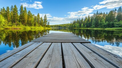 Fototapeta premium Serene Reflection on Calm Water in Forested Landscape