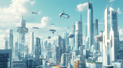 Fototapeta premium Futuristic Cityscape with Flying Vehicles and Tall Skyscrapers