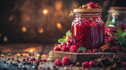 Fresh Raspberry Jam in Glass Jar with Spices