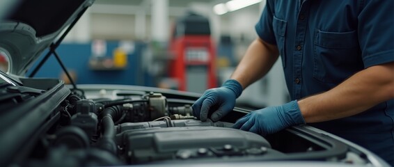 auto mechanic working in workshop, close up a car mechanic repairing car engine, service worker at the work