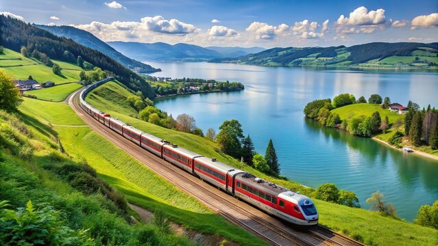 Landscape photography of SBB train moving along Zugersee panoramic view