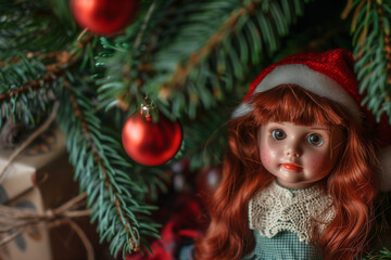Doll Under the Tree Amidst Beautiful Christmas Lights and Ornaments in a House Filled with Holiday Cheer and Warmth
