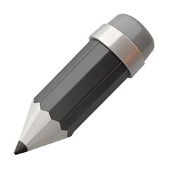 3D rendered black pencil with metallic tip and gray eraser on a transparent background, showcasing its geometrical design.