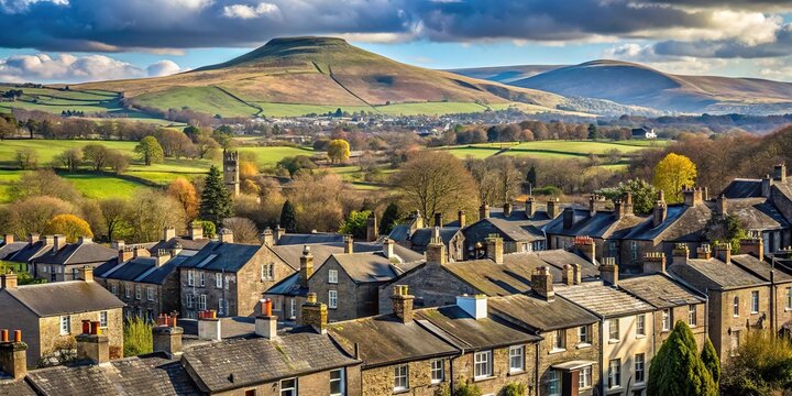 Landscape view of houses in Clitheroe Lancashire with Pendle hill in the background