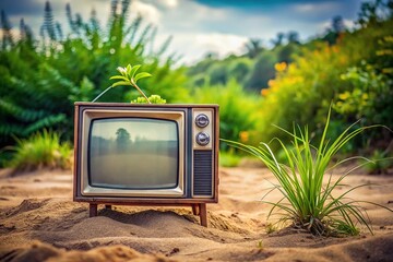 Landscape with illuminated green plants and sandy background