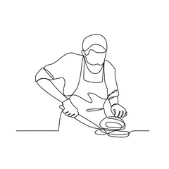 One continuous line drawing of a butcher in the traditional market vector illustration. Meat themes design illustration in simple linear style. Butcher activity to cut meat and serving meat buyers. 