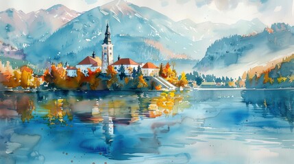 Fototapeta premium Serene Watercolor Illustration of Lake Bled