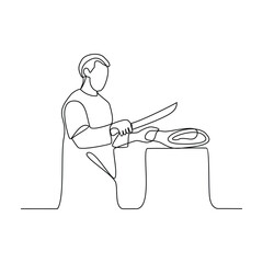 One continuous line drawing of a butcher in the traditional market vector illustration. Meat themes design illustration in simple linear style. Butcher activity to cut meat and serving meat buyers. 