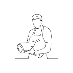 One continuous line drawing of a butcher in the traditional market vector illustration. Meat themes design illustration in simple linear style. Butcher activity to cut meat and serving meat buyers. 