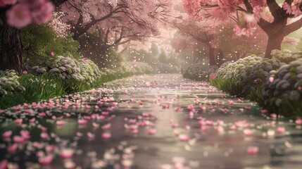 Tranquil Scene of Falling Cherry Blossoms