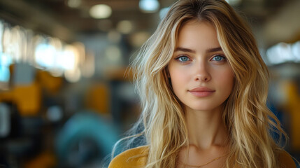 Obraz premium Young woman with blonde hair and blue eyes looks directly at the camera with a slight smile.