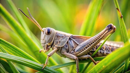 Large gray grasshopper hiding in the grass