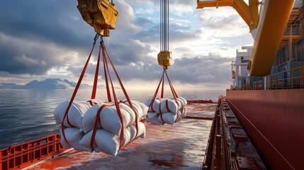 Cargo Loading Process on a Shipping Vessel at Dawn