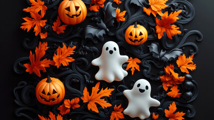 ghost and pumpkins on a gray background helloween day