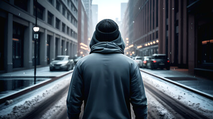 Urban Wanderer: A solitary figure walks down a snowy city street, their hood pulled low, contemplating the path ahead. This evocative image captures the essence of urban exploration, solitude.