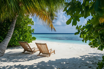 Two Wooden Loungers on a Tropical Beach - Photo