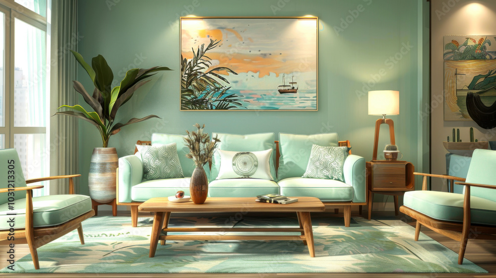 Wall mural living room modern mint sofa wooden consol