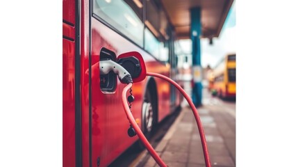Red Electric Bus Charging at a Station