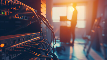 Technician in modern office maintaining network server, surrounded by cables and routers, showcasing focus and professionalism in IT infrastructure management
