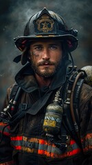 Naklejka premium Firefighter Portrait: Courage and Determination in the Face of Danger