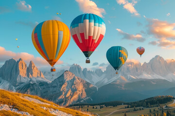 Fototapeta premium Colorful hot air balloons flying over mountain